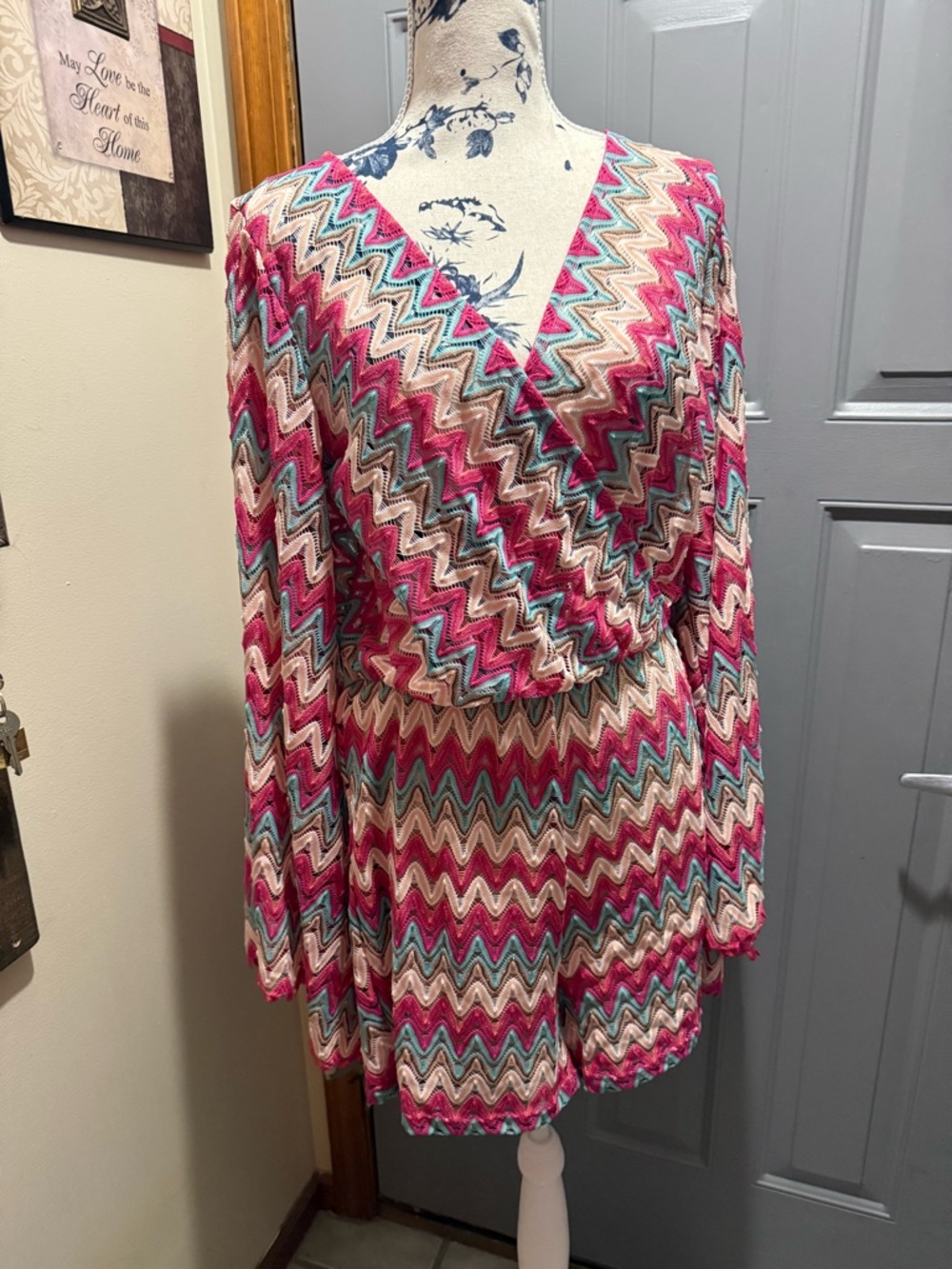 Va Va Voom Pink, Teal & Cream Lace Cover-Up romper (large) bell sleeves